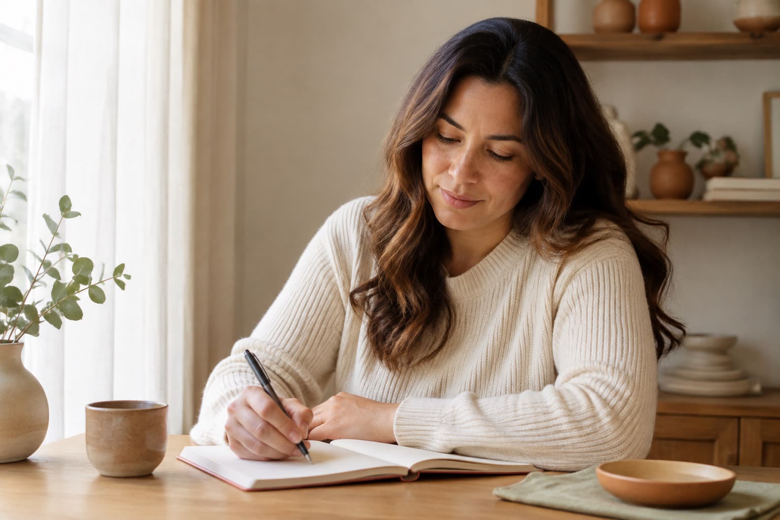 A woman at a sunlit table, writing in a notebook beside a cup of tea